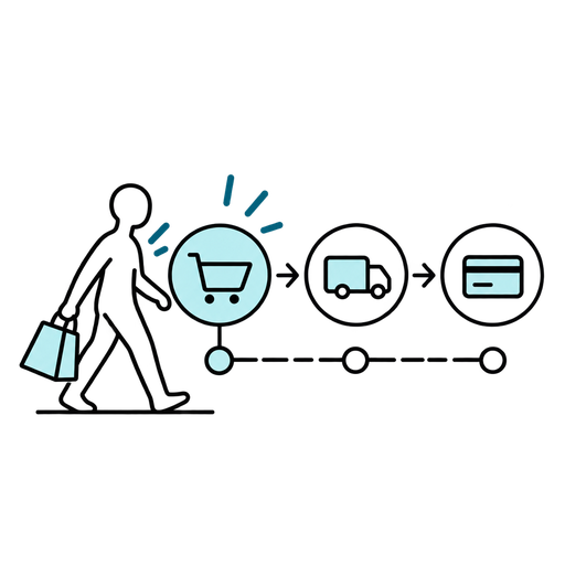 Outlined silhouette illustration of a shopper moving through clear checkout steps.