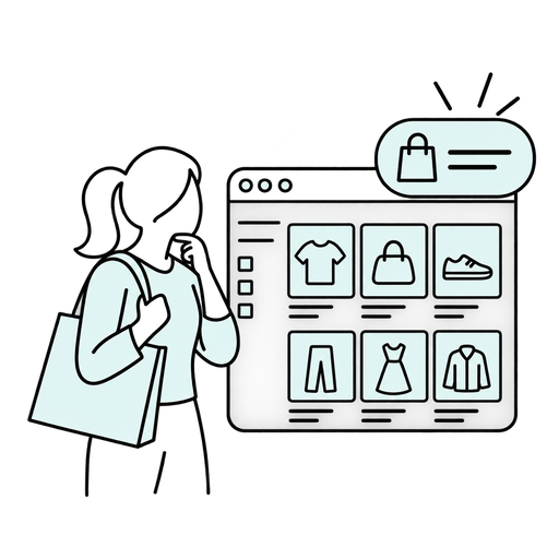 Transparent outlined silhouette illustration of a shopper viewing a product grid with a visible results count.