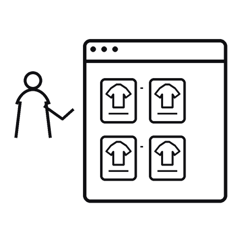 Transparent outlined silhouette illustration of a shopper viewing a spacious ecommerce product grid.
