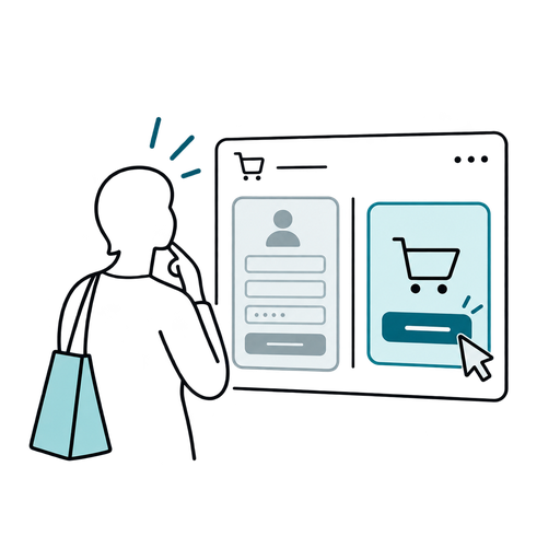 Outlined silhouette illustration of a shopper choosing guest checkout instead of forced account creation.