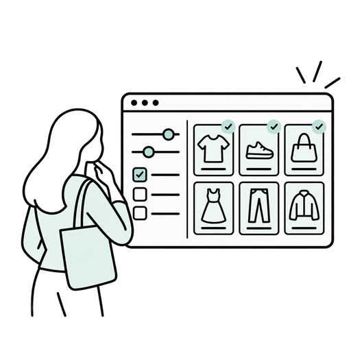Transparent outlined silhouette illustration of a shopper using filters on an ecommerce category page.