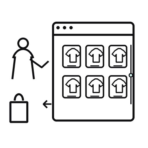 Transparent outlined silhouette illustration of a shopper returning to the same position in a product category grid.