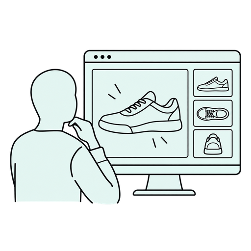 Transparent outlined silhouette illustration of a shopper viewing multiple product images on a product page.