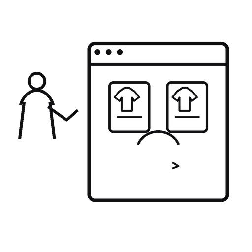 Transparent outlined silhouette illustration of a shopper comparing two angles of a product from a category card.