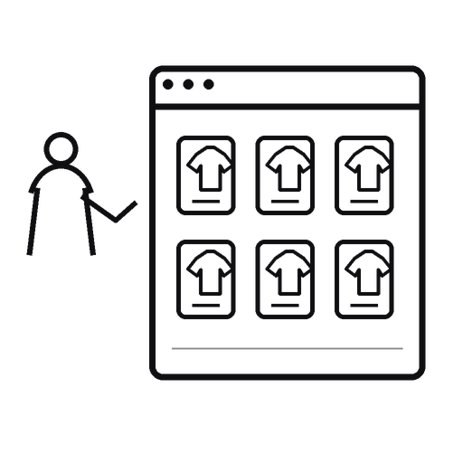 Transparent outlined silhouette illustration of a shopper viewing a perfectly aligned and consistent product-card grid.