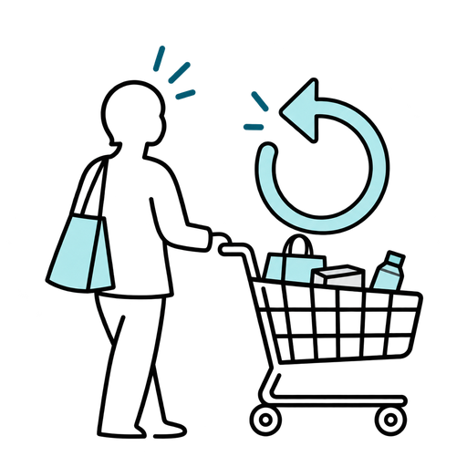 Outlined silhouette illustration of a returning shopper finding a full saved cart.