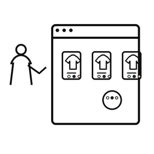Transparent outlined silhouette illustration of a shopper viewing size and color variants directly on product cards.