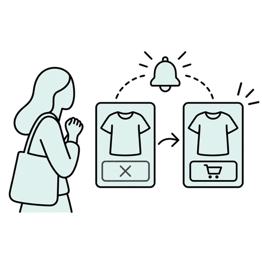 Transparent outlined silhouette illustration of a shopper receiving a back-in-stock alert for a product.