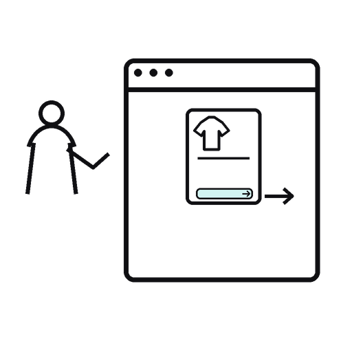 Transparent outlined silhouette illustration of a shopper using a clear call-to-action on an ecommerce product card.