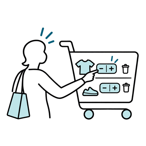 Outlined silhouette illustration of a shopper editing quantities in a shopping cart.