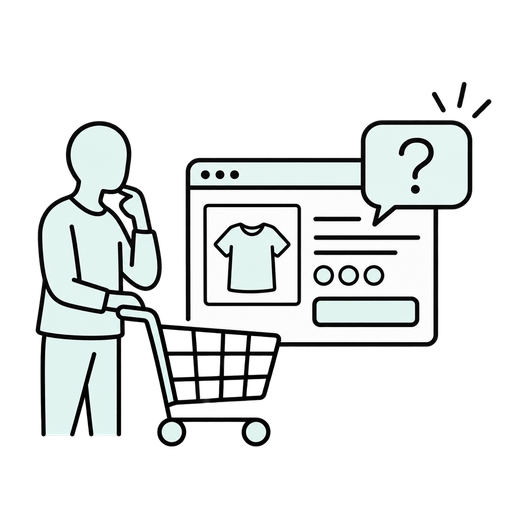Transparent outlined silhouette illustration of a shopper asking a question on a product page.
