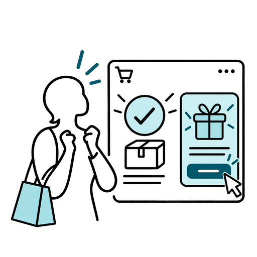 Outlined silhouette illustration of a shopper viewing a thank-you page with a next-step offer.