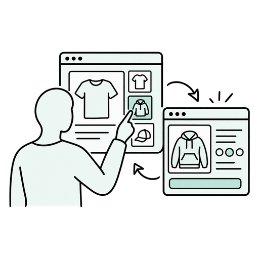 Transparent outlined silhouette illustration of a shopper switching product variants and seeing the page update.