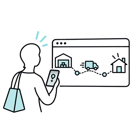 Outlined silhouette illustration of a shopper clearly tracking a package from warehouse to home.