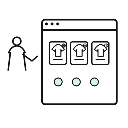 Transparent outlined silhouette illustration of a shopper viewing useful product badges such as best-seller and fast delivery.